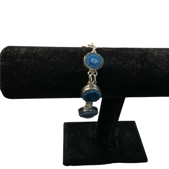 Unbranded Jewelry - Sterling Silver 925 Blue Agate Druzy Slice Adjustable Toogle Clasp Bracelet
